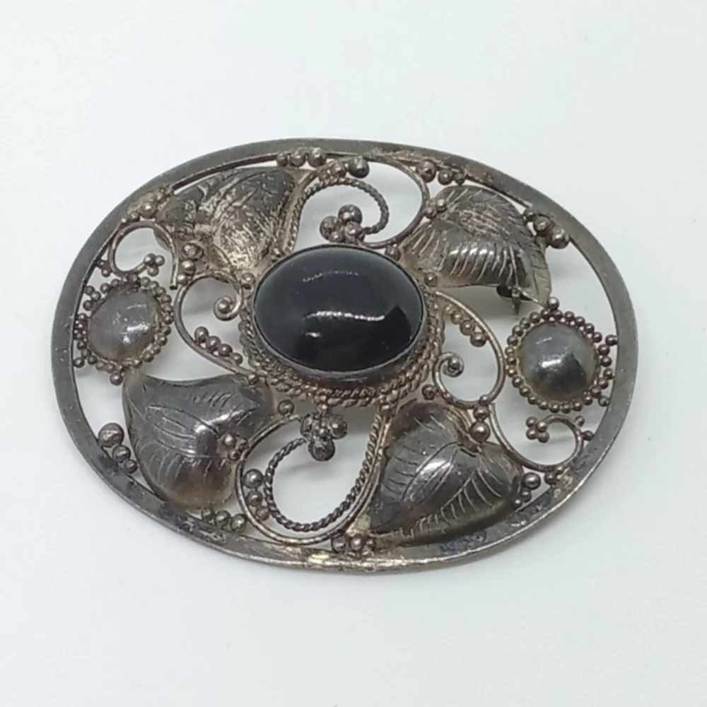 * vintage antique 925 sterling silver hearts with black stone pin brooch